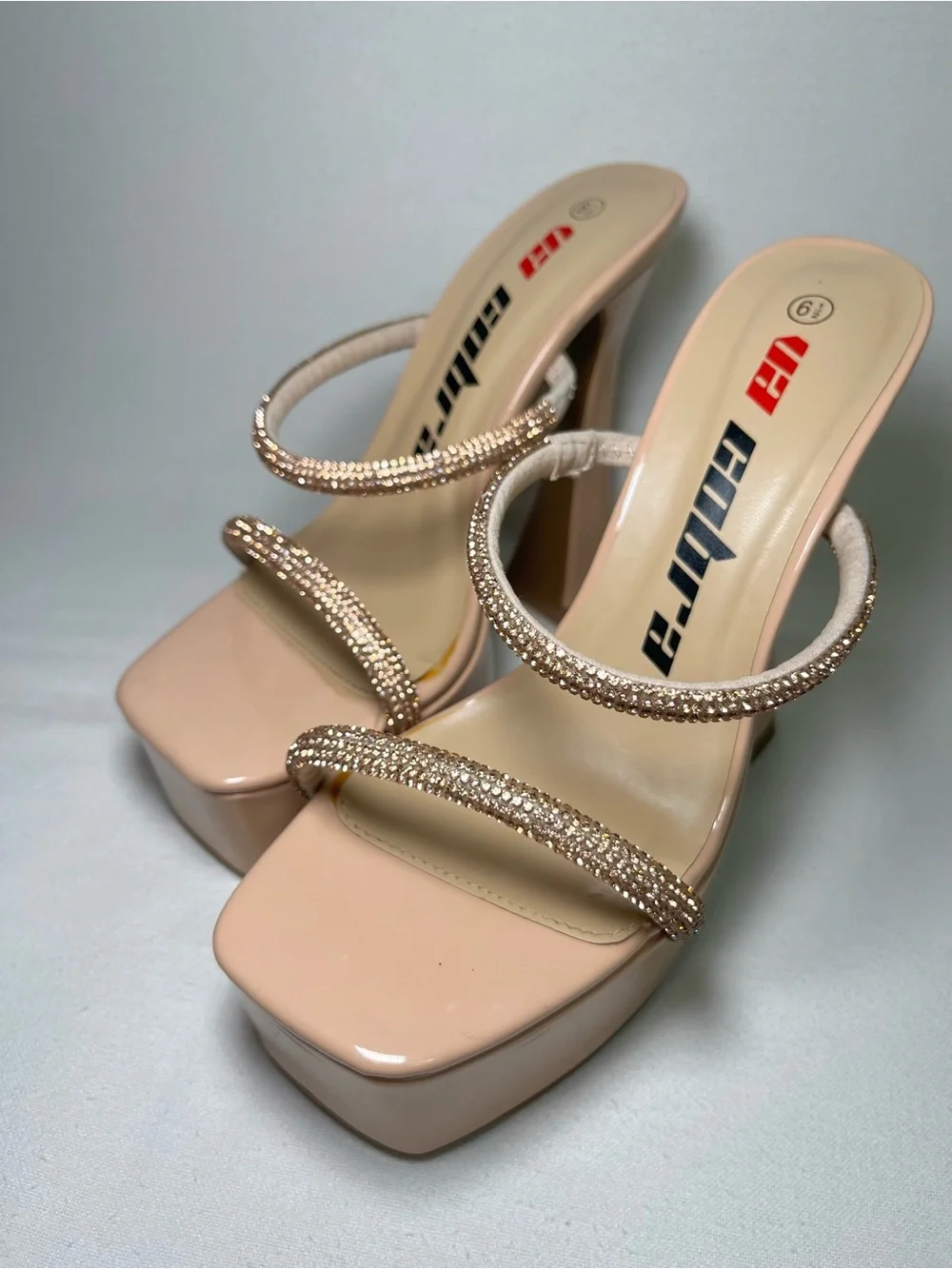 Nude Patent Platform Heels with Rhinestone Straps